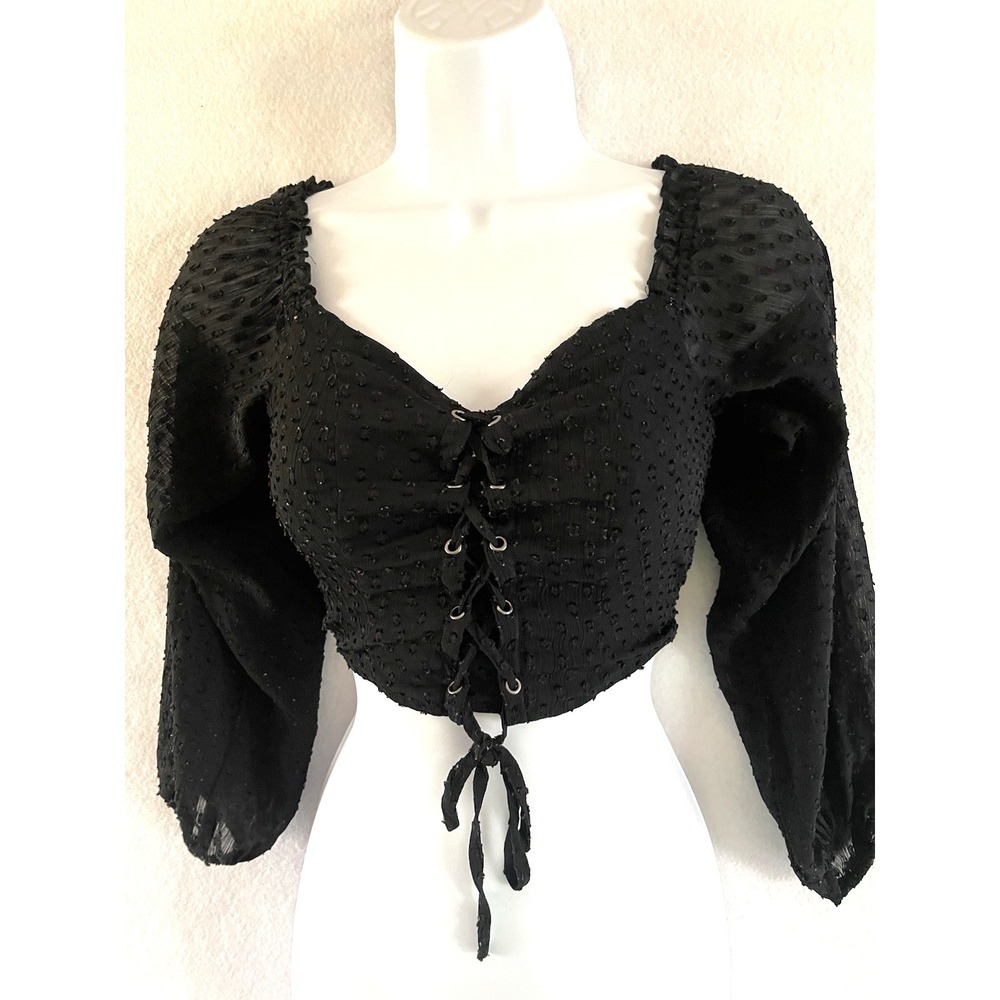 Aeropostale Black‎ Long Sleeve Crop Top Small Corset Peasant Milkmaid Fairy Goth